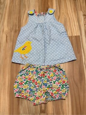 Baby Boden Light Blue Polka Dot Dress with Yellow Button & Floral Trim